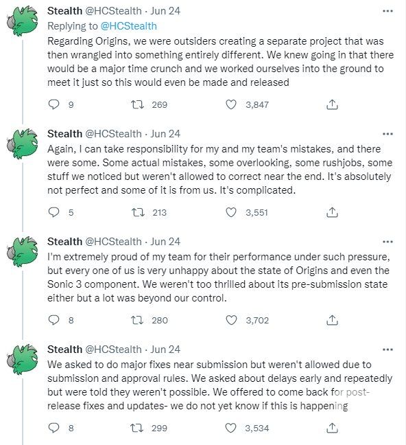 《索尼克：起源》开发人员表达了对该作失望的原因内容未被采纳